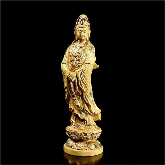 AURH Feng Shui Boxwood Buddha GuanYin Wood Statue Wood Sculpture Mascot Historical Myth Figure Statue TIANMINJIEDM (Color : Gold, Size : 30CM)