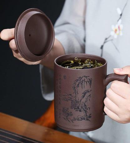 Yixing Purple Sand Clay Tea Cup 500ml Chinese Zisha Teacups Handle Lip Mugs (Black)