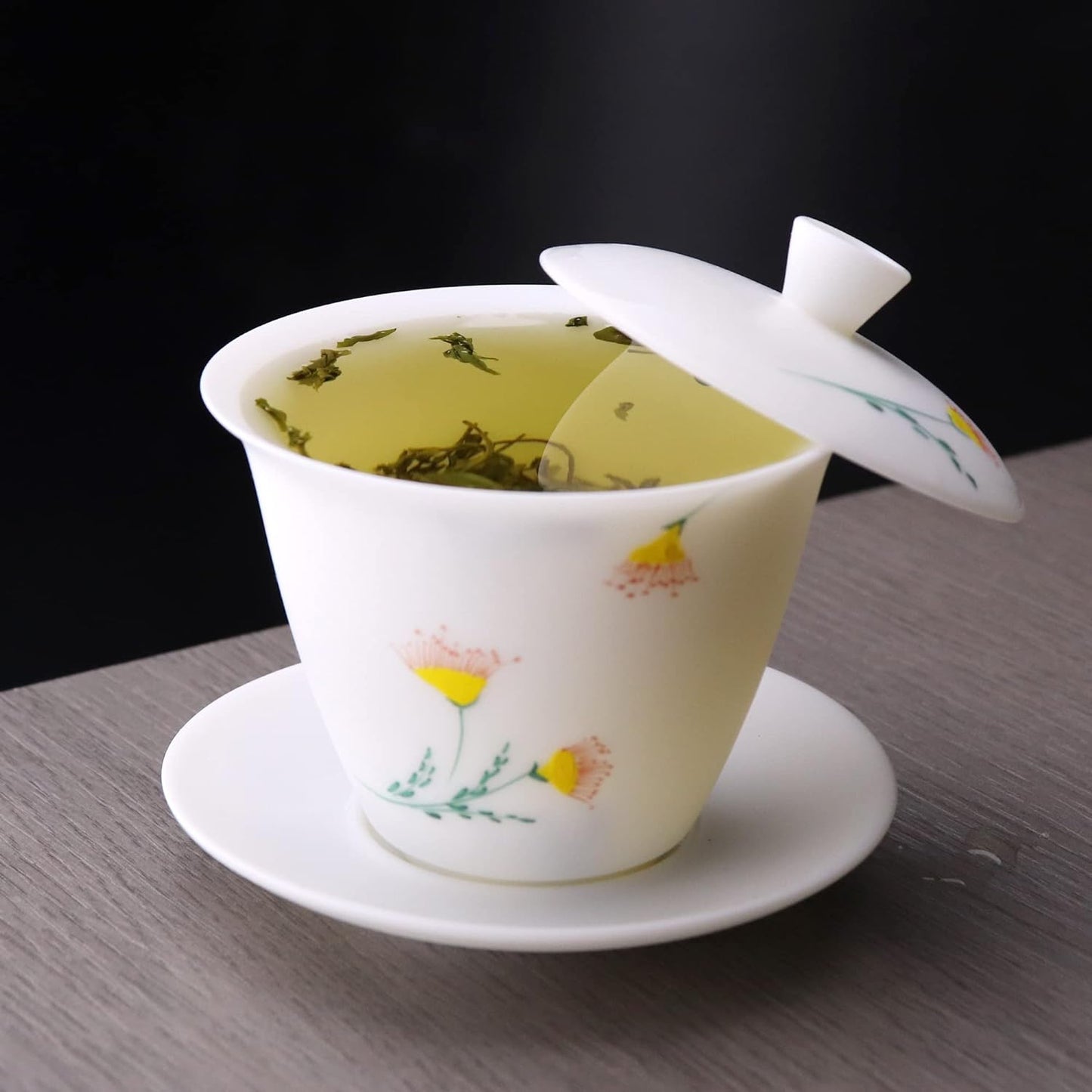 SILINE Ice Jade White Porcelain Gaiwan Set,Thin/Unglazed/Translucent/Hand-Painted China Gongfu Tea Cup Set -ChuJu