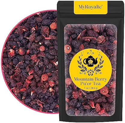 MyRoyalte Pu'Erh Tea Mountain Berry - 1 Oz Loose Tea Leaves with Dried Hibiscus Flowers Mulberry Tea Grapes Blueberries Rosehip Tea - Chinese Pu Erh Tea Black Tea Loose Leaf - Tea Gift for Tea Lovers