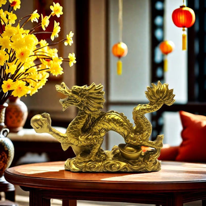 Chinese Gold feng Shui Decor Dragon Statue Figurines Sculpture Collectibles for Luck & Success 9 Inch