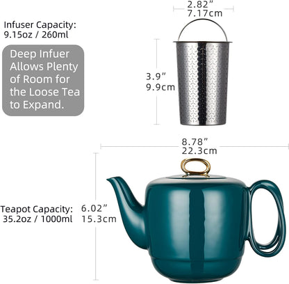 ZENS Porcelain Teapot with Infuser, Entwined Handle Dark Green 3 Cup Loose Tea Pot, 33.8 Ounces Luxury Gold Trim Teapot Gift for Afternoon Tea /1000ML