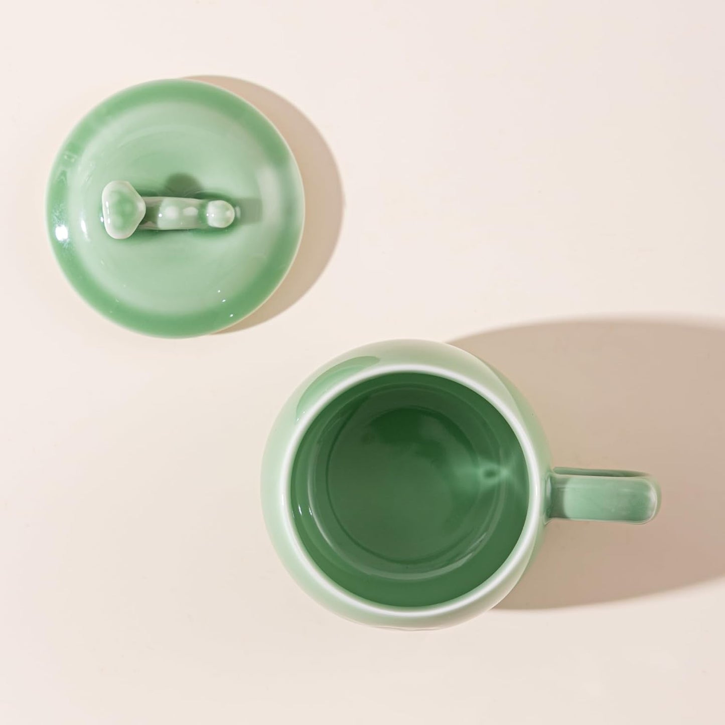 SILINE Longquan Celadon Tea Cup with Lid 11.8 oz/350ml,Green Porcelain Coffee Mug Teacup Lucky Gift -Classic Cyan
