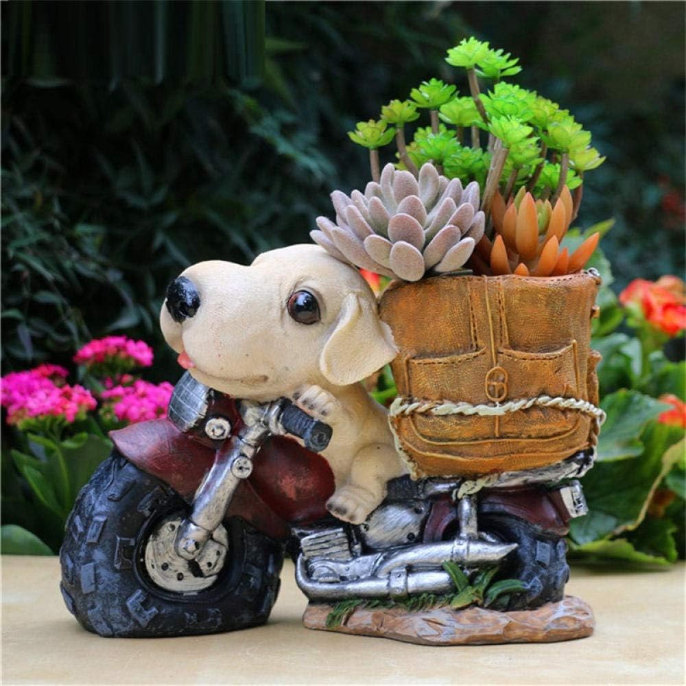 Statues for Home Decor Sculptures Sculpture Statue with The Motorcycle Dog Flower Pot Creative Animal Flower Garden Ornament Decoration Resin Planter Pot