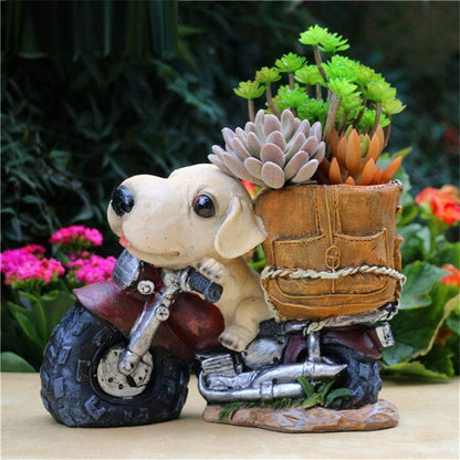 Statues for Home Decor Sculptures Sculpture Statue with The Motorcycle Dog Flower Pot Creative Animal Flower Garden Ornament Decoration Resin Planter Pot