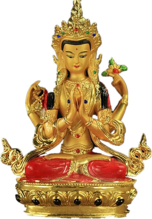 ZHM Store 6’’ Color Gilded Tantric Colored Fengshui Four-arm Avalokitesvara Guanyin Alloy Copper Buddhist Statue