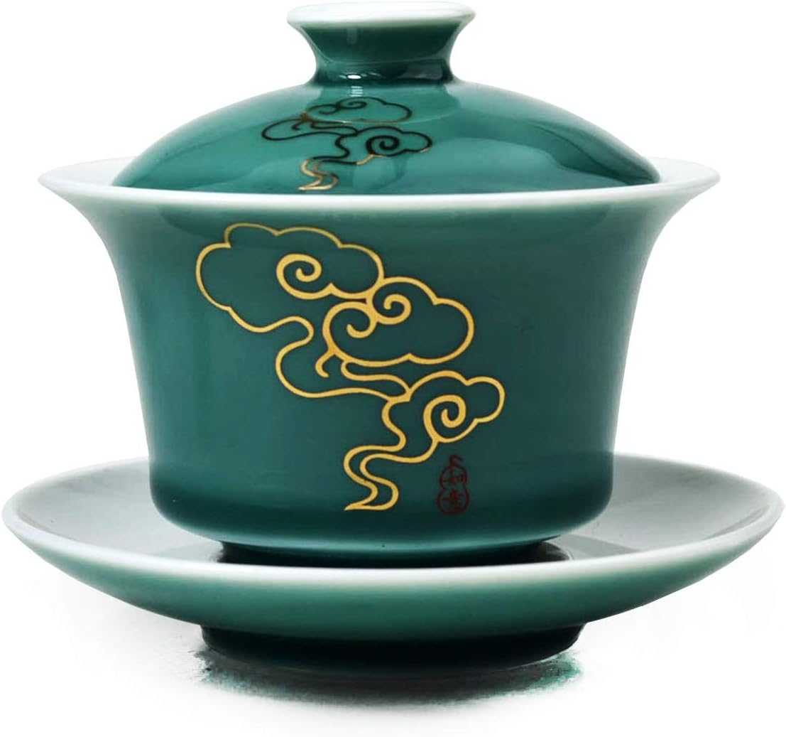Porcelain Gaiwan 5oz /150ml Teacup White Glazed Classical Chinese Auspicious Clouds Tea Cup Tureen Sancai Cover Bowl Lid Cup Saucer Set (Green)