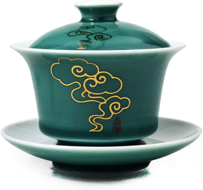 Porcelain Gaiwan 5oz /150ml Teacup White Glazed Classical Chinese Auspicious Clouds Tea Cup Tureen Sancai Cover Bowl Lid Cup Saucer Set (Green)