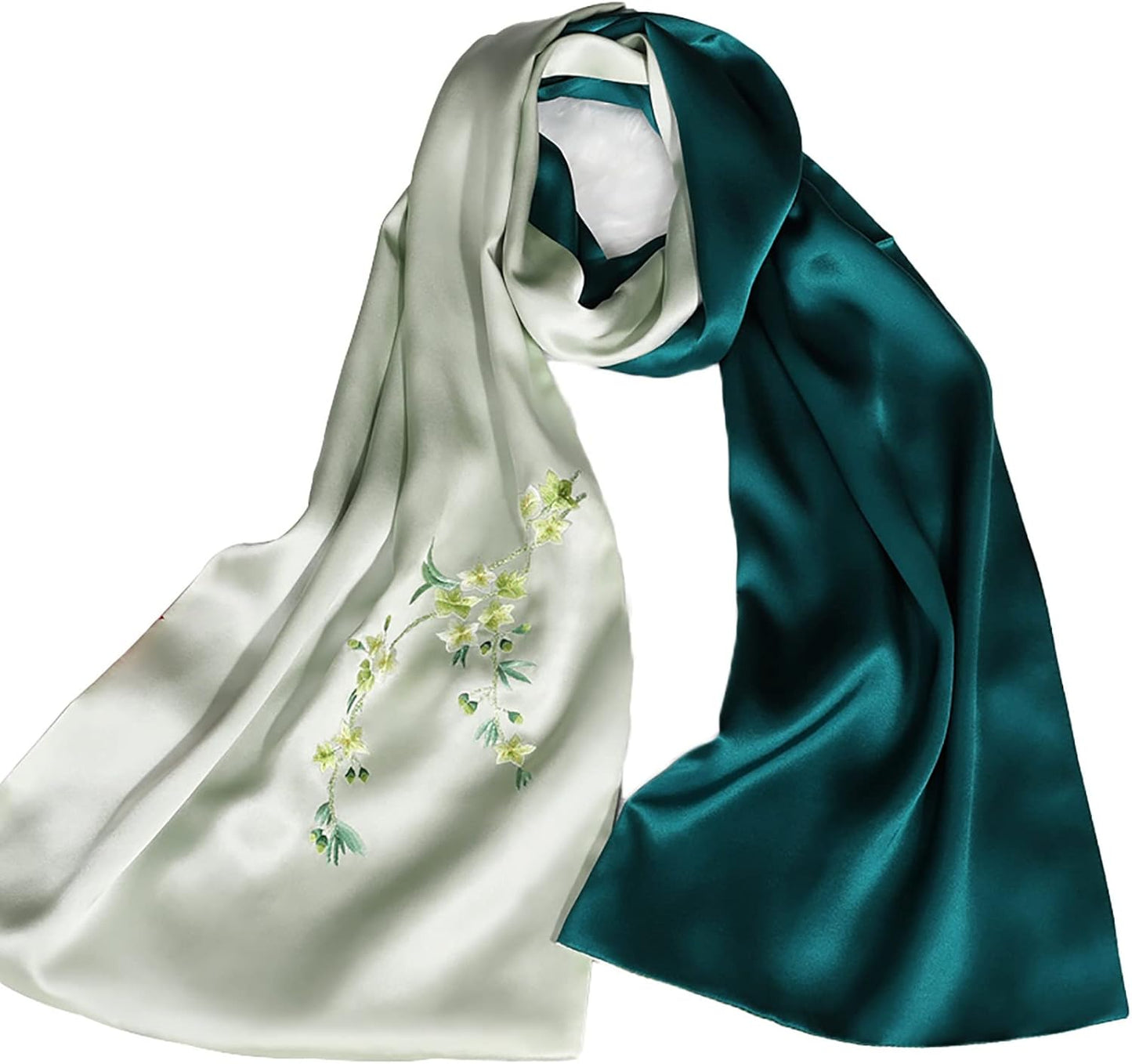 RAN Winter Warm Scarfs Double-Layer Soft Silk Scarf Shawl, 68.9" Long Lightweight Shawl Wrap, Embroidered by Hand with Floral Pattern