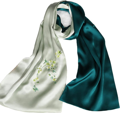 RAN Winter Warm Scarfs Double-Layer Soft Silk Scarf Shawl, 68.9" Long Lightweight Shawl Wrap, Embroidered by Hand with Floral Pattern