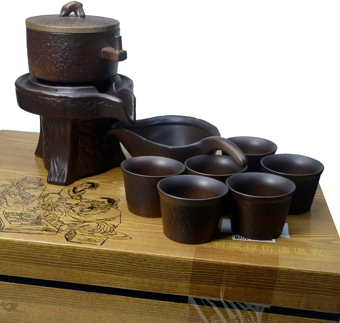 Teapot Cup Chinese Gongfu Tea Set Pot Cup Semi-automatic millstone Boxes Gift (Bronze)