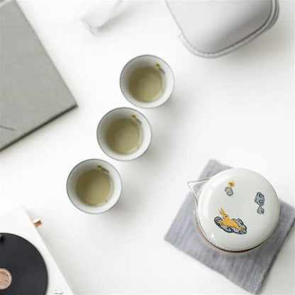 Afternoon Tea Set Chinese Boutique Travel Tea Pot Set Outdoor Portable Ceramics Moon Rabbit Sample Tea Cup Tea Maker Cups Tea Cloth 1 Pot 3 Cups Tea Set For Adults