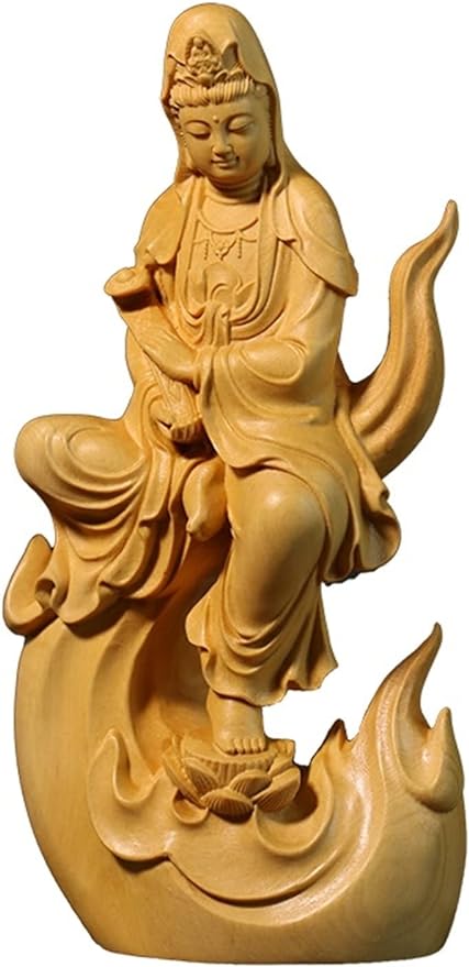 KIZQYN Guan Yin Statue Decorative Statue Guan Yin Boxwood 13cm Guanyin Sculpture Wood Carving Buddha Statue Collection Home Decor Suitable for Home Office Hotel Lucky Buddha Statue