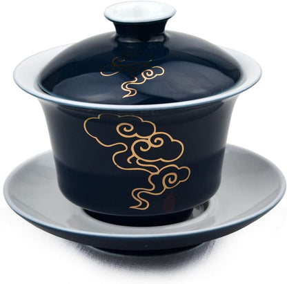 Porcelain Gaiwan 5oz /150ml Teacup White Glazed Classical Chinese Auspicious Clouds Tea Cup Tureen Sancai Cover Bowl Lid Cup Saucer Set (Green)