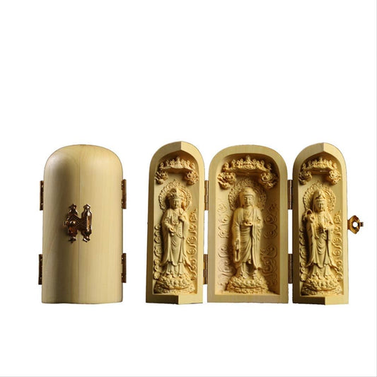 Boxwood Carving Buddha Statue Three Western Sages Guanyin Wood Buddha Shrine Fu Lu Shou Sculpture Three Open Box Home Decor
