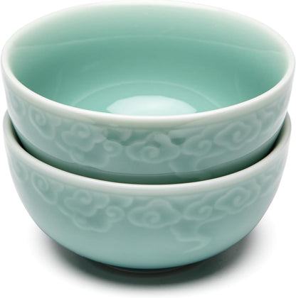 SILINE 4.5" Green Porcelain Bowls Set of 2,Genuine Longquan Celadon 9.8 Oz Rice Bowls