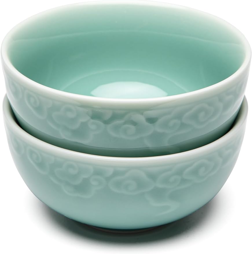 SILINE 4.5" Green Porcelain Bowls Set of 2,Genuine Longquan Celadon 9.8 Oz Rice Bowls