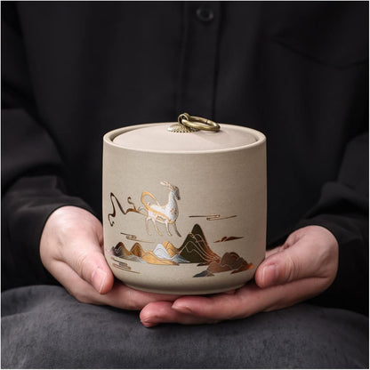 New Coarse Pottery Tea Cans Tea Sealing Jars Tea Cans Black Tea Puerh Storage Jars Storage Jars Gift Boxes (Color : A Deer has You)