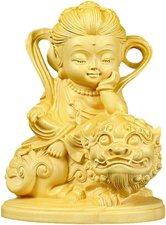 QQYDZSW Sculpture Desktop Ornament Ideal for Gift Statues Decor Lying for Home Deco Boxwood Wood Carving Ornaments Household Characters Guanyin Bodhisattva Manjusri Crafts Meng Buddha