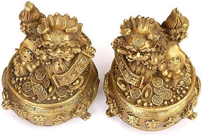 Large Size Wealth Porsperity Brass Pair of Fu Foo Dogs Guardian Lion with Treasure Basin Statues,Best Housewarming Congratulatory Gift to Ward Off Evil Energy,Feng Shui Décor