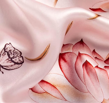 RAN Winter Warm Scarfs Silk Scarf for Women, Luxury Long Pure Satin Pattern Scarfs Large Shawls Wraps, Lotus Pattern (Color : Beige, Size : 67.7" x 20.9")