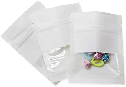 FERENLI 100Pcs Kraft Paper Window Bags Smell Proof Food Storage Pouch Flat for Zip Resealable Lock Candy Coffee Beans Packaging Bag with Tear Notches (7x9cm (2.8x3.5 inch), White)