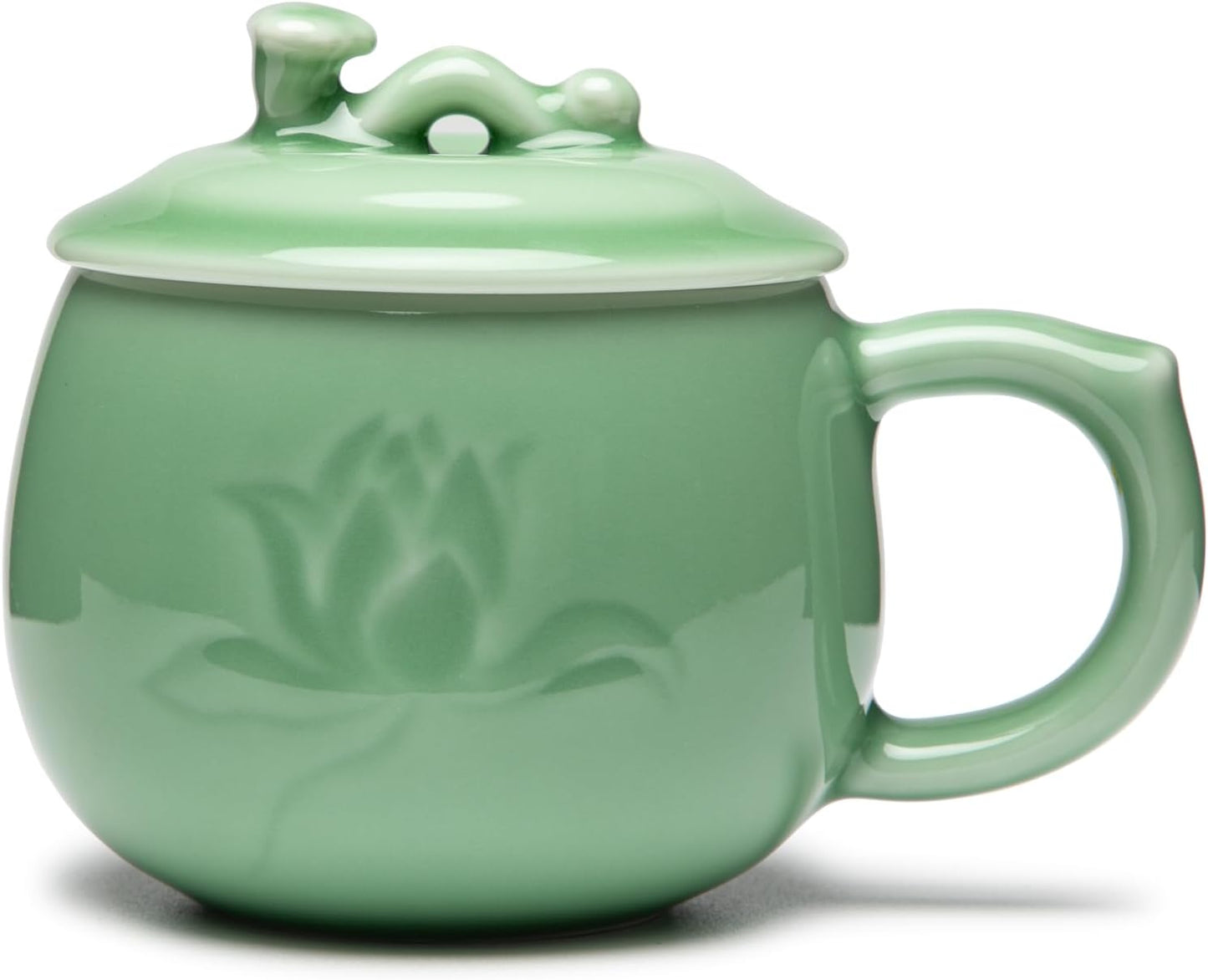 SILINE Longquan Celadon Tea Cup with Lid 11.8 oz/350ml,Green Porcelain Coffee Mug Teacup Lucky Gift -Classic Cyan