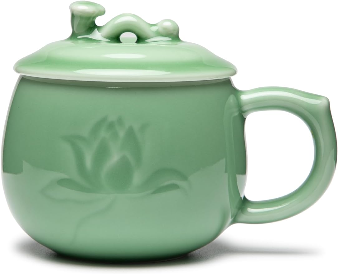 SILINE Longquan Celadon Tea Cup with Lid 11.8 oz/350ml,Green Porcelain Coffee Mug Teacup Lucky Gift -Classic Cyan