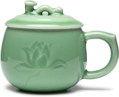 SILINE Longquan Celadon Tea Cup with Lid 11.8 oz/350ml,Green Porcelain Coffee Mug Teacup Lucky Gift -Classic Cyan