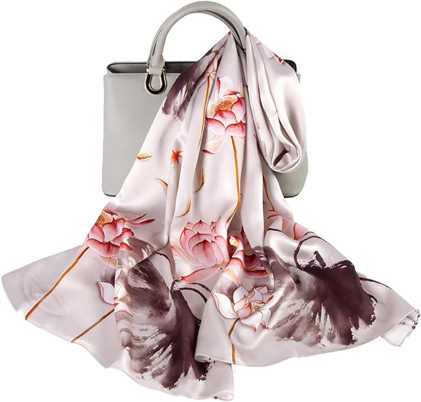 RAN Winter Warm Scarfs Silk Scarf for Women, Luxury Long Pure Satin Pattern Scarfs Large Shawls Wraps, Lotus Pattern (Color : Beige, Size : 67.7" x 20.9")