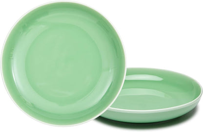 SILINE 8" Green Porcelain Dinner Plates Set,2 PCS Genuine Longquan Celadon Round Tableware Plates (Classic Cyan)