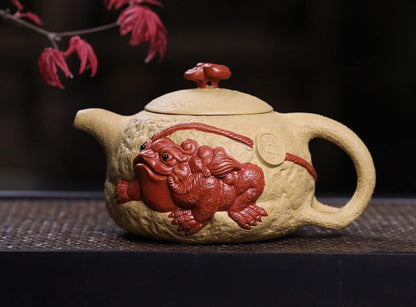 Yxhupot Teapot 6.8oz/280ml Chinese Yixing Clay Zisha Gongfu Tea Pots Yellow Handmade Frogs Wealth Luck Fengshui