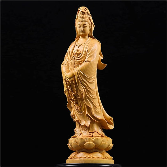HASMI Lucky Feng Shui Boxwood Buddha GuanYin Wood Statue Wood Sculpture Mascot Historical Myth Figure Statue