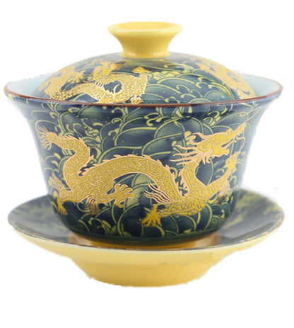 Moyishi Chinese Porcelain Gaiwan Floral Dragon Tradition Sancai Tea Cup Tea Set Best Gift (Black Dragon)