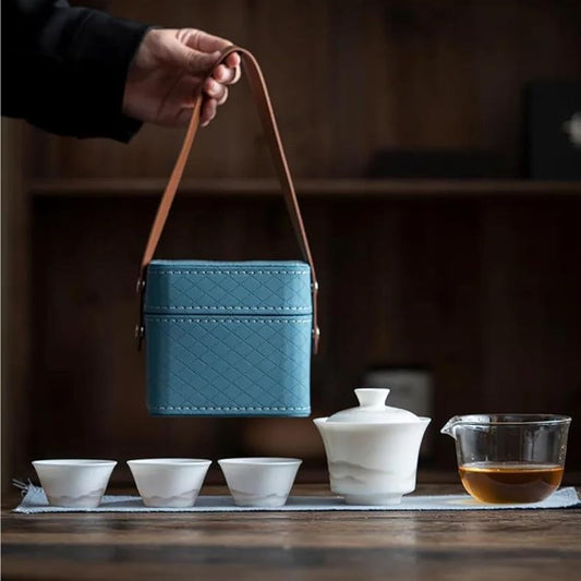 Afternoon Tea Set Sheep Fat Jade Porcelain Service Gaiwan Tea Cups Mug of Tea Ceremony Teapot Chinese Portable Leather Bag Kung Fu Travel Tea Set Tea Set for Adults