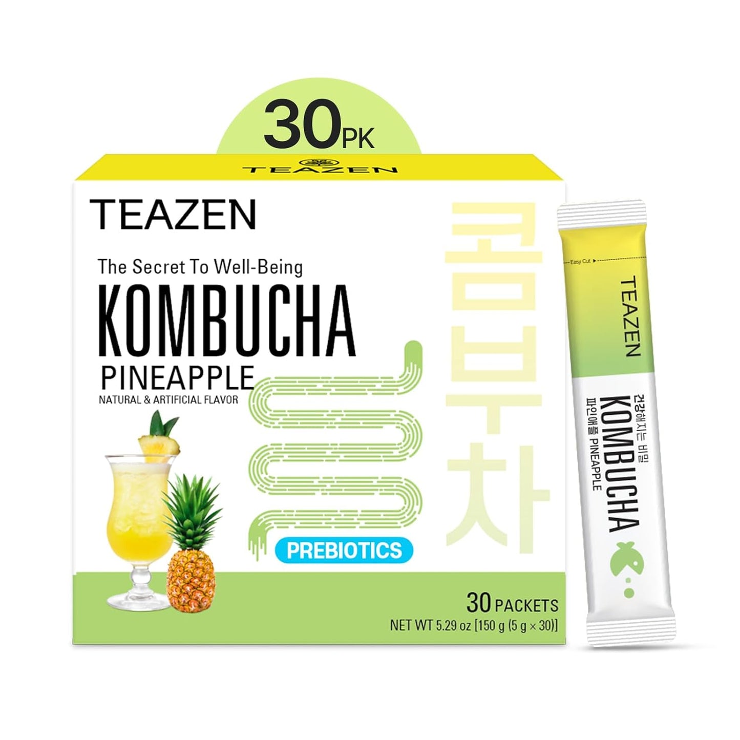 TEAZEN Pineapple Kombucha Tea, Live Probiotics & Postbiotics, Sugar Free, Low Caffeine, Sparkling Fermented Kombucha Powder from Korea, 30 Sticks, 5.29oz