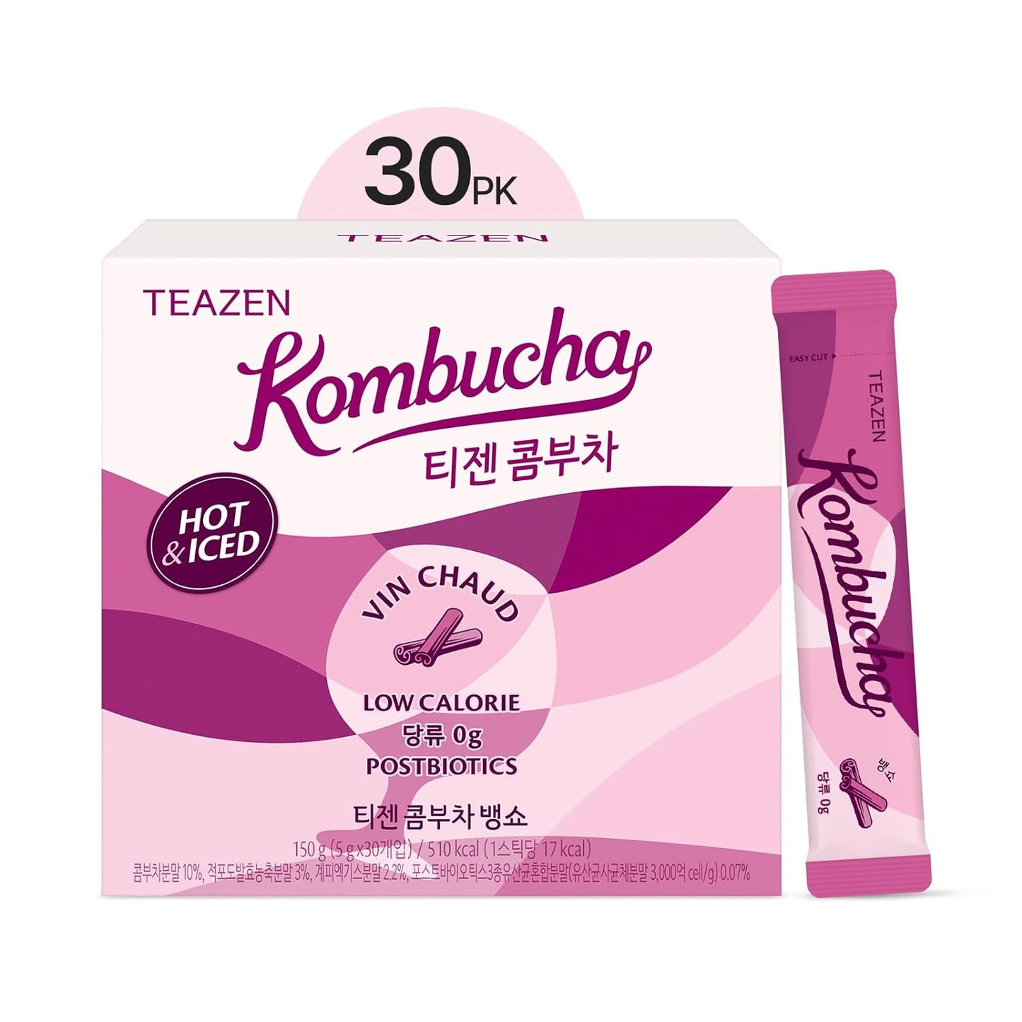 TEAZEN Pineapple Kombucha Tea, Live Probiotics & Postbiotics, Sugar Free, Low Caffeine, Sparkling Fermented Kombucha Powder from Korea, 30 Sticks, 5.29oz