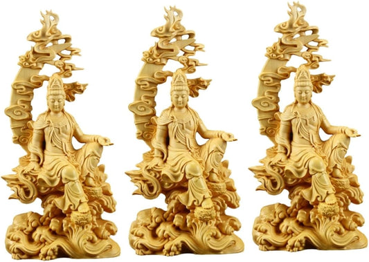 VOSAREA 3pcs Wooden Guanyin Wood Guanyin Statue Chinese Buddha Figurine Buddhist Figurine God of Wealth Buddha Ornament Kuan Statue Quan Goddess Statue Buddha Statue Dashboard Dash Board