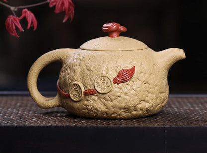 Yxhupot Teapot 6.8oz/280ml Chinese Yixing Clay Zisha Gongfu Tea Pots Yellow Handmade Frogs Wealth Luck Fengshui