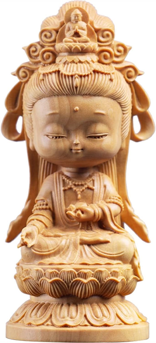KIZQYN Guan Yin Statue Guanyin Statue Woodcarving Buddhist Feng Shui Guanyin Home Decoration Accessories Protect House Peace Wealth Decoration Suitable for Home Office Hotel Lucky Buddha Statue