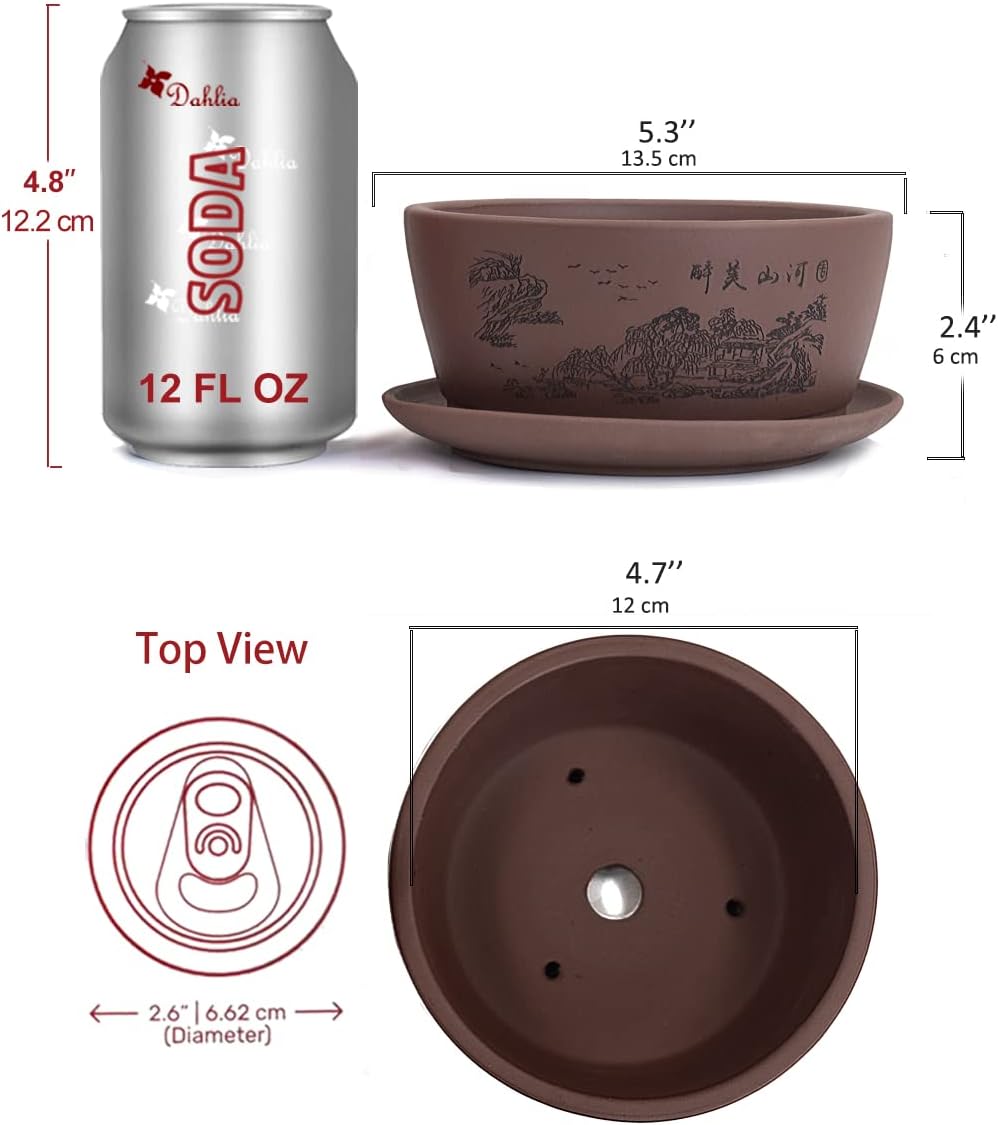 Dahlia 5.3" Beautiful Land Zisha Bonsai Planter/Succulent Pot/Flower Pot w. Saucer, Dark Brown