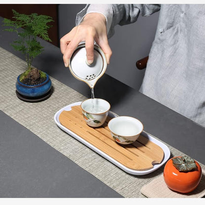 TANFEI Retro Persimmon Tea Set, Ceramic Tea Set with 1 Pot, 2 Cups, 1 Canister, 1 Tea Tray, and 1 Cloth Bag, Portable Travel Tea Set