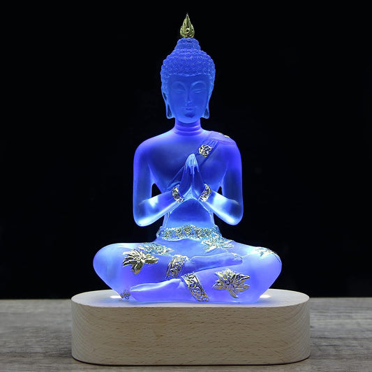 Vimtrysd Buddha Statue with LED Light Base, 7'' Seated Small Figurine Collectibles Decor, Transparent Sculpture Ornaments for Home Decoration