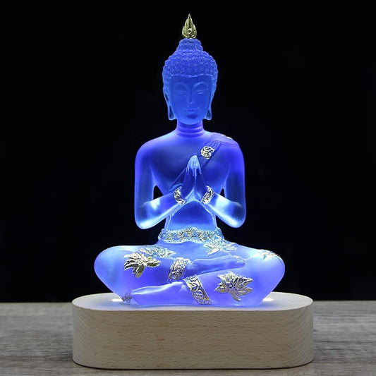 Vimtrysd Buddha Statue with LED Light Base, 7'' Seated Small Figurine Collectibles Decor, Transparent Sculpture Ornaments for Home Decoration
