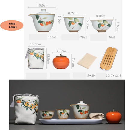 TANFEI Retro Persimmon Tea Set, Ceramic Tea Set with 1 Pot, 2 Cups, 1 Canister, 1 Tea Tray, and 1 Cloth Bag, Portable Travel Tea Set