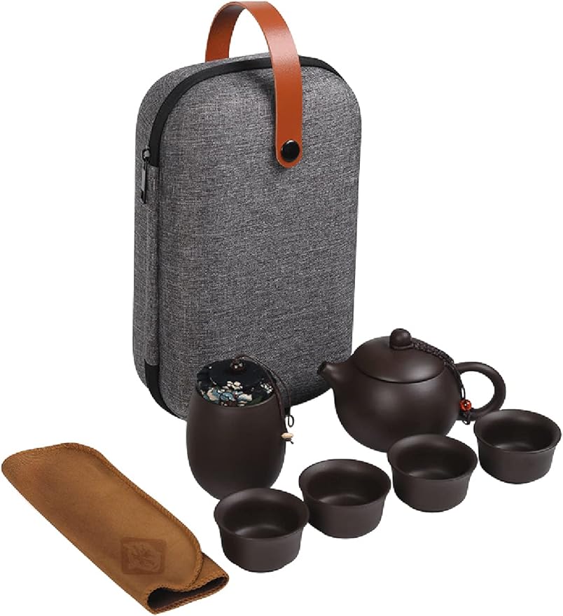 Portable Travel Kungfu Zisha Tea Set, Handmade Purple Clay Teapot Teacups, Traditonal Chinese Tea Pot Style - Purple Clay Teapot & Teacups & Tea can & Tea towel with a Portable Travel Bag