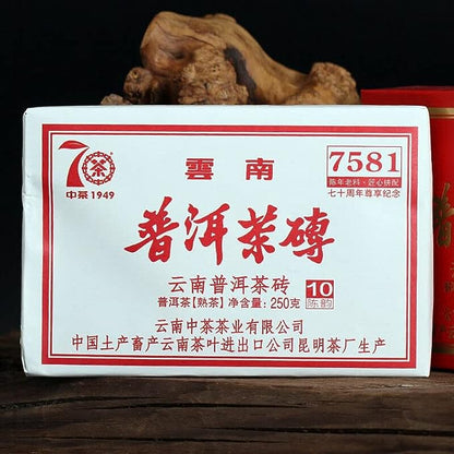 CHINATEA Brand Zunxiang 7581 Pu-erh Tea Brick Zhongcha Aged Ripe Puer Brick 250g
