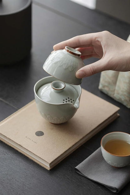 Afternoon Tea Set Antique Lotus Leaf Ceramic Tea Set Complete Set Travel Tea Set Tea Maker Gaiwan 1 Bowl 2 Cups Kung Fu Tea Set With Portable Bag Tea Set For Adults