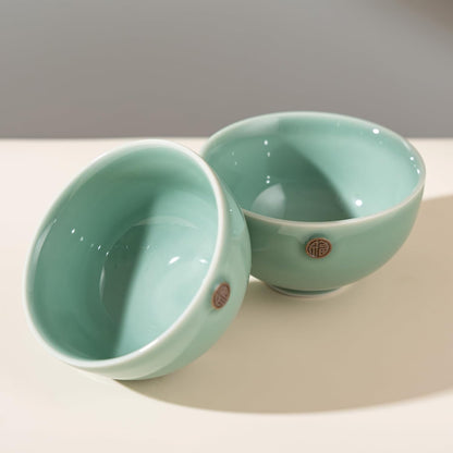 SILINE 4.5" Green Porcelain Bowls Set,2 PCS Genuine Longquan Celadon 11.8 Oz Rice Bowls
