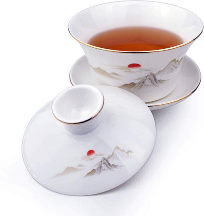 YXHUPOT Gaiwan White Porcelain Large teacup Sancai Tea Cup Set beauty pattern Lid Sun (9oz Medium)